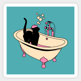 Spa Day Black Cat in blue Magnet